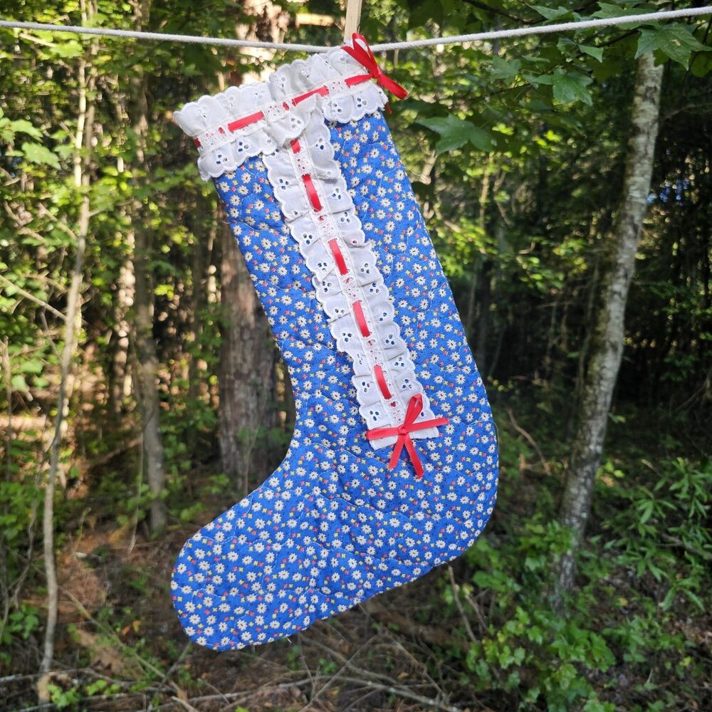 Vintage Quilted Blue Floral Christmas Stocking with Lace & Ribbon Accents